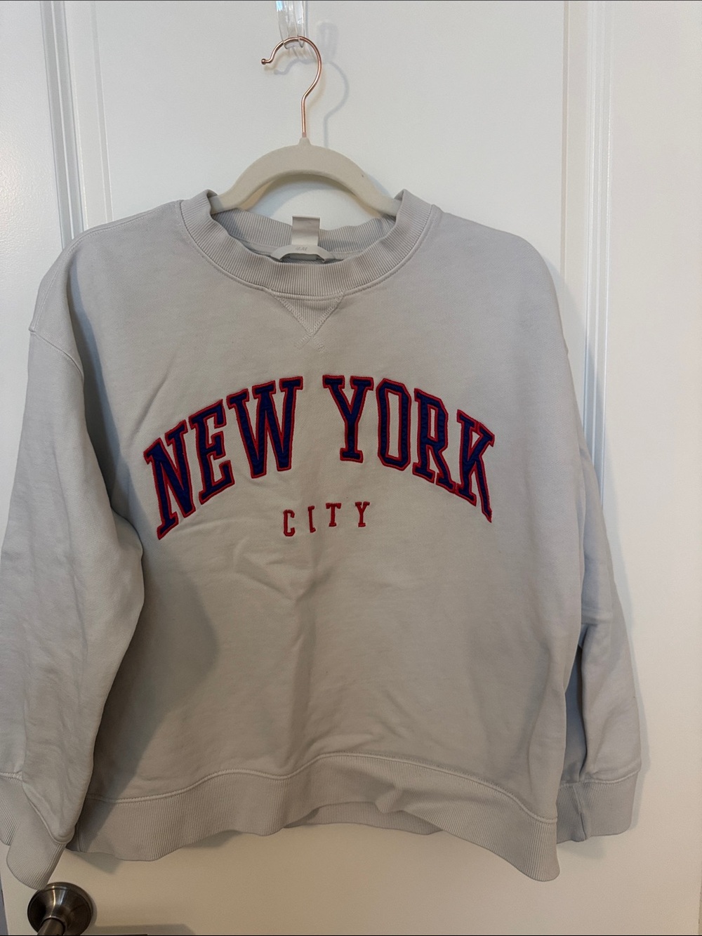 H&M Light Gray Crewneck Sweatshirt with Red & Navy 'New York' Embroidery